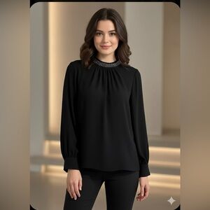 Tahari Black Blouse with Embellished Neckline